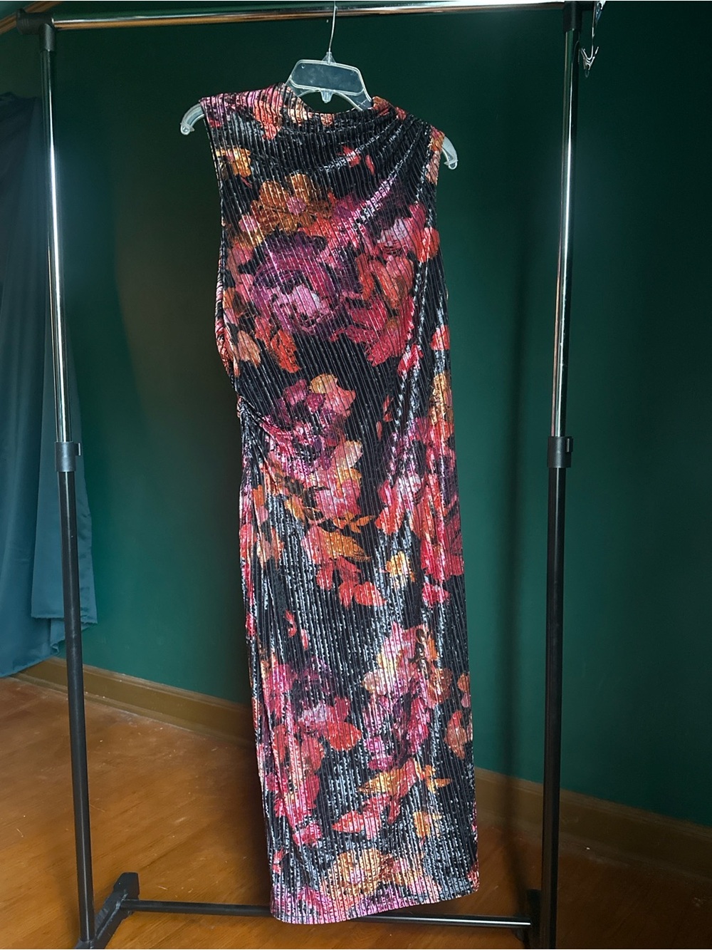 Floral Velvet Ribbed Maxi Dress in Black with Pink & Orange Floral Print